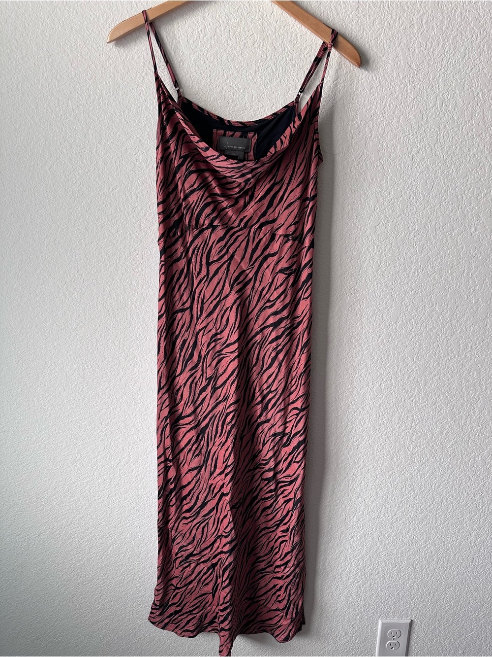 Anthropologie Pink Black Tiger Print Cowl Neck Midi Slip Dress Side Slit Small